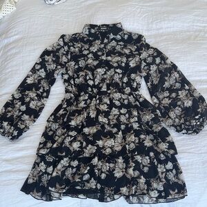 Missguided Floral Dress in Black and Cream